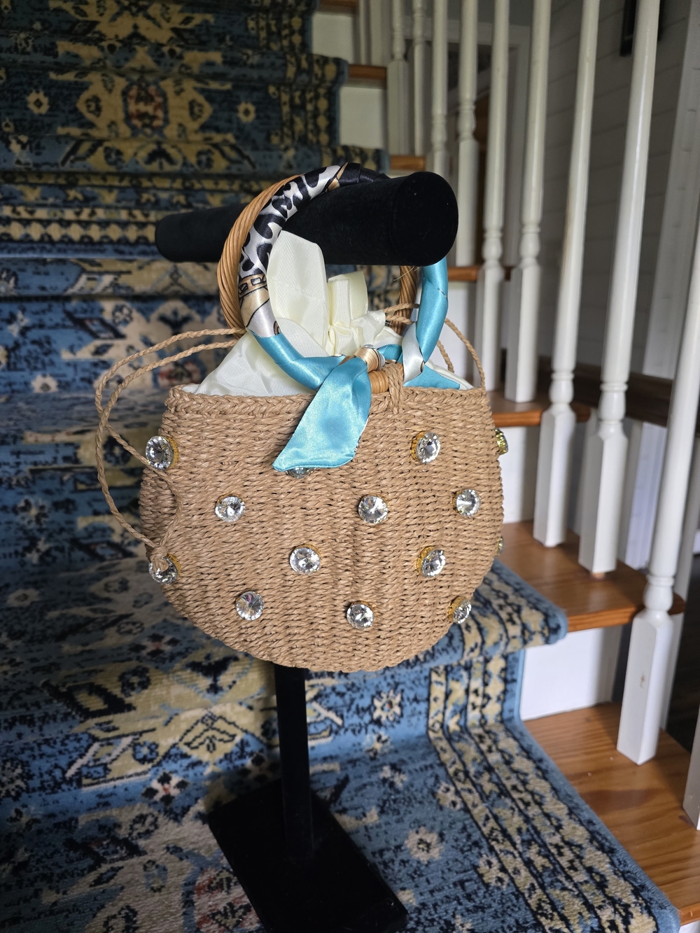 Embellished Woven Straw Circle Handbag with Turquoise Scarf